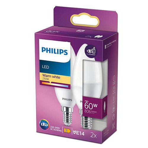 Set 2 Becuri LED Philips E14, 7W, 806 lm, EyeComfort
