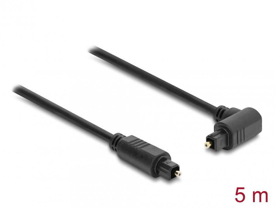Cablu optic Toslink 5m Delock cu conector 90°, negru