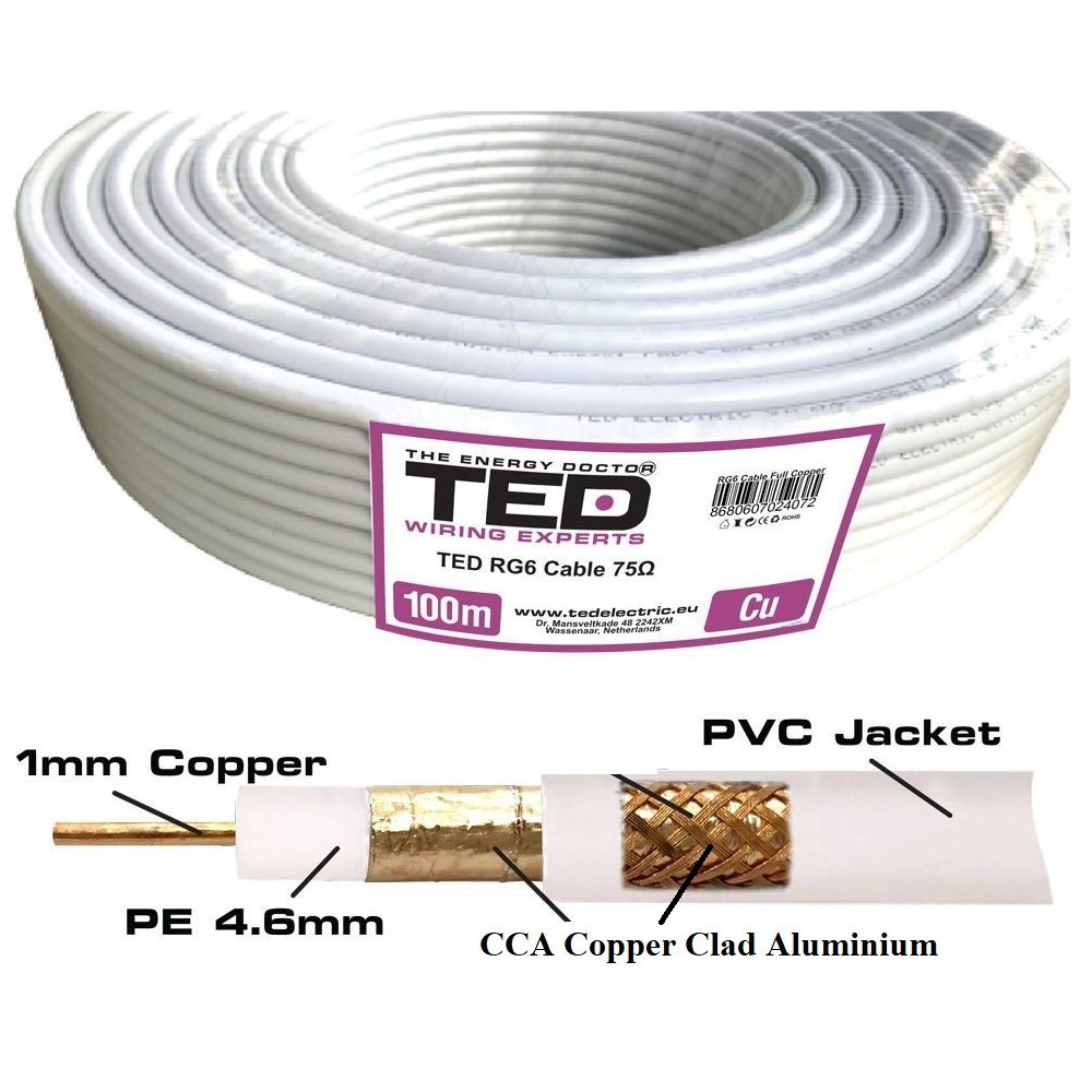 Cablu coaxial TED RG6 75 ohm, cupru si CCA, rola 100m