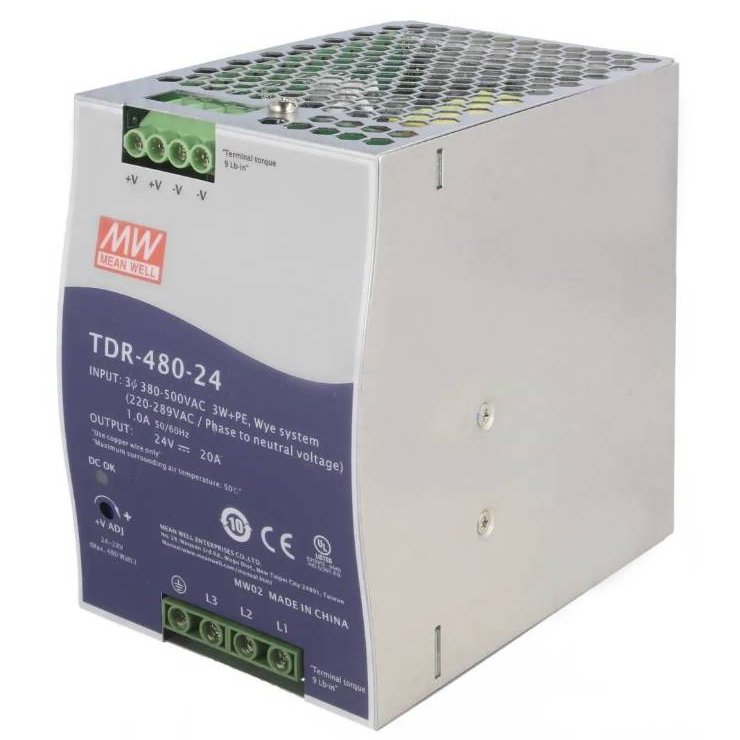 Sursa trifazică MeanWell TDR-480-24, 24V 20A, șină DIN