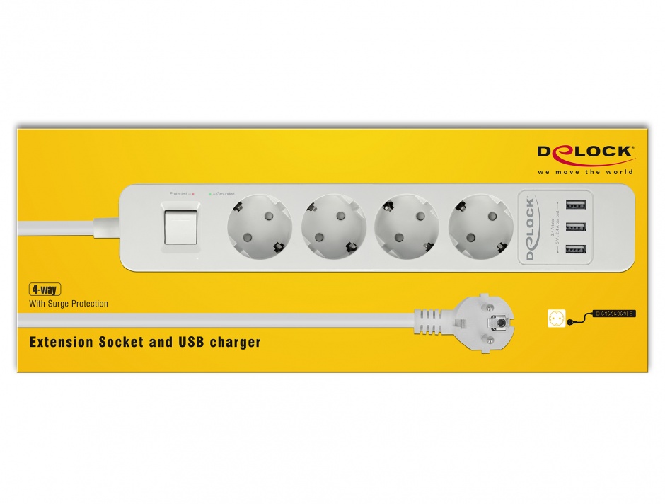 Prelungitor Delock 4 Prize + USB, Protectie, Alb