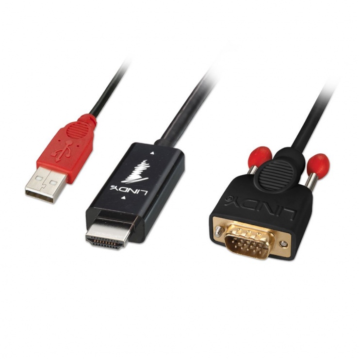 Cablu convertor HDMI la VGA 2m Lindy, cu alimentare USB