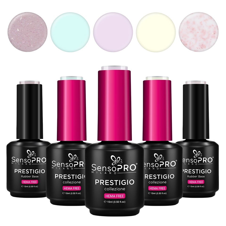 Set 3 Oje Semipermanente & 2 Rubber Base PRESTIGIO Skyline Pastels