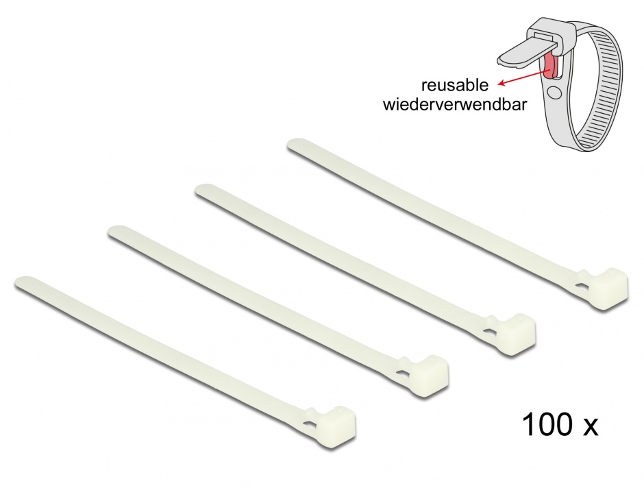 Set 100 bride reutilizabile Delock 150mm, Alb