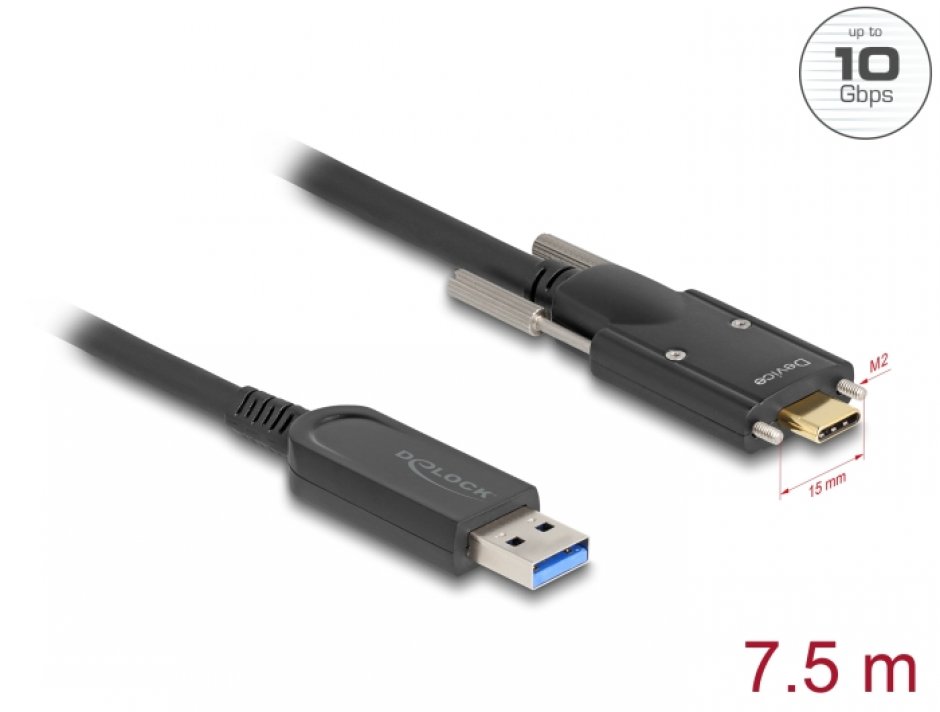 Cablu Optic USB-C 7.5m Delock 10Gbps cu Șuruburi