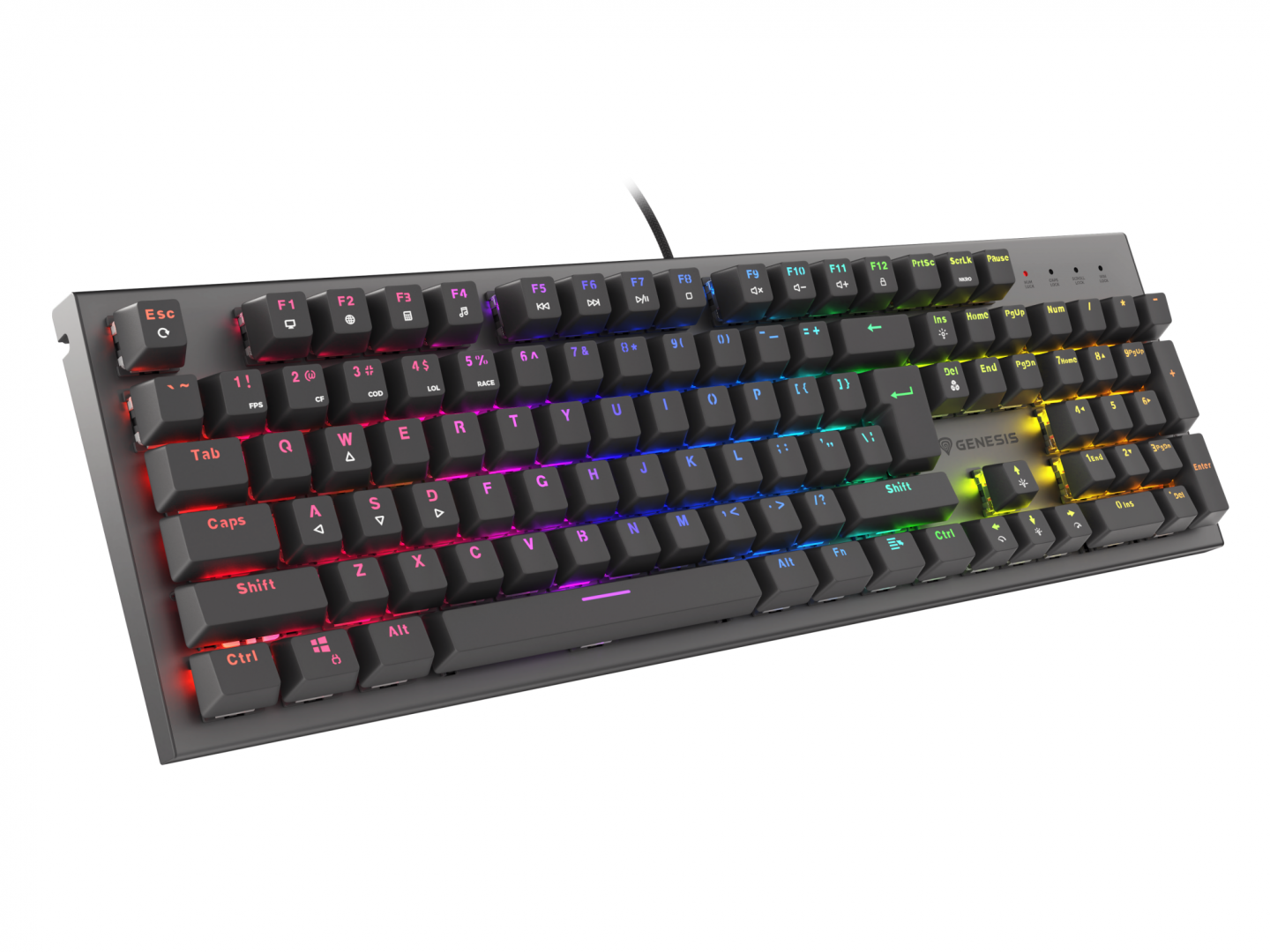 Tastatura gaming mecanica cu fir Genesis Thor 303, iluminare RGB, switch-uri Red, 104 taste, 11 butoane multimedia, negru