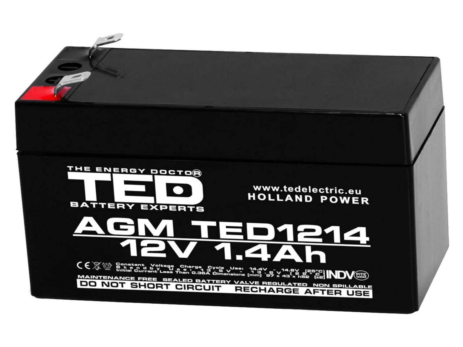 Acumulator TED AGM TED002716 pentru alimentare de rezerva, 12V, 1.4Ah, VRLA, terminal F1