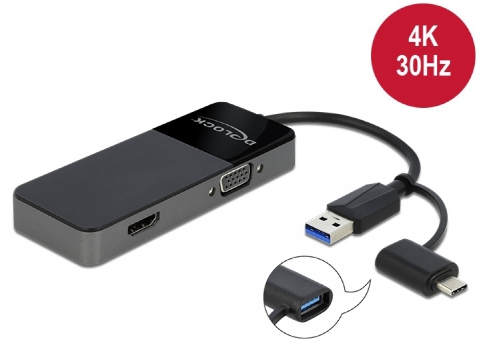 Adaptor Delock USB la HDMI 4K + VGA