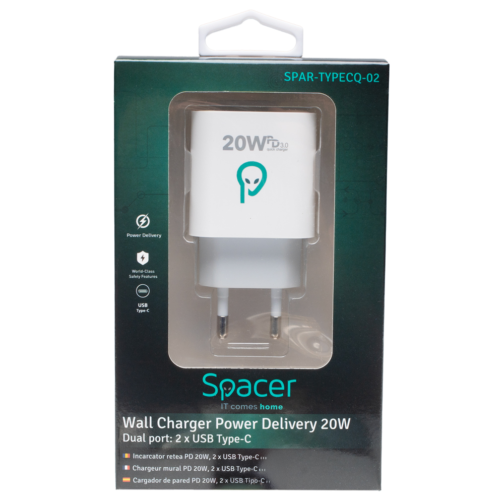 Alimentator SPACER 2x USB-C PD 20W - Încărcare Rapidă Duală - imagine 5