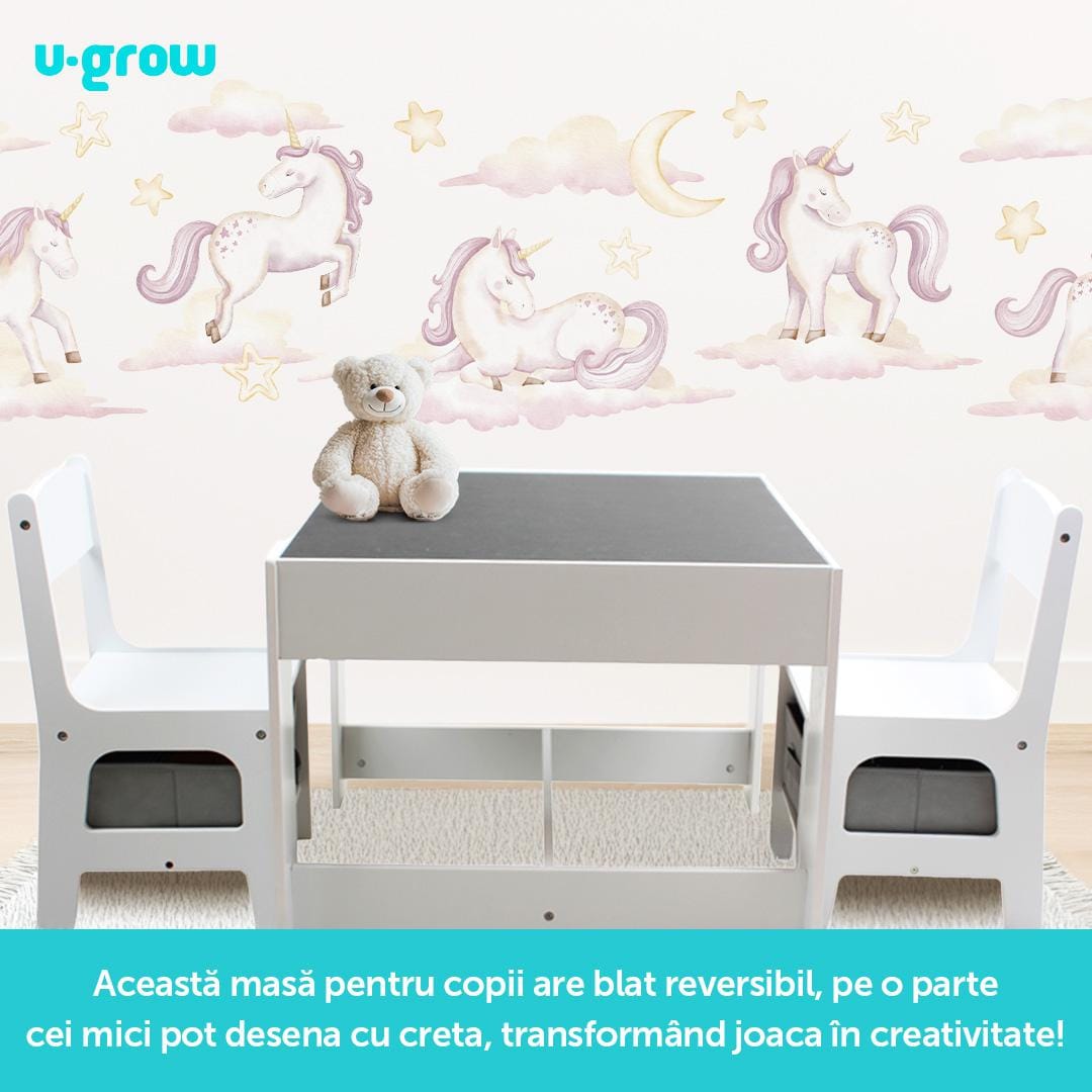Set Masuta si 2 Scaune Copii Alb U-Grow - Tabla Creta - imagine 8