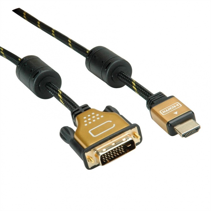 Cablu HDMI-DVI 2m Roline, Conectare Aurită