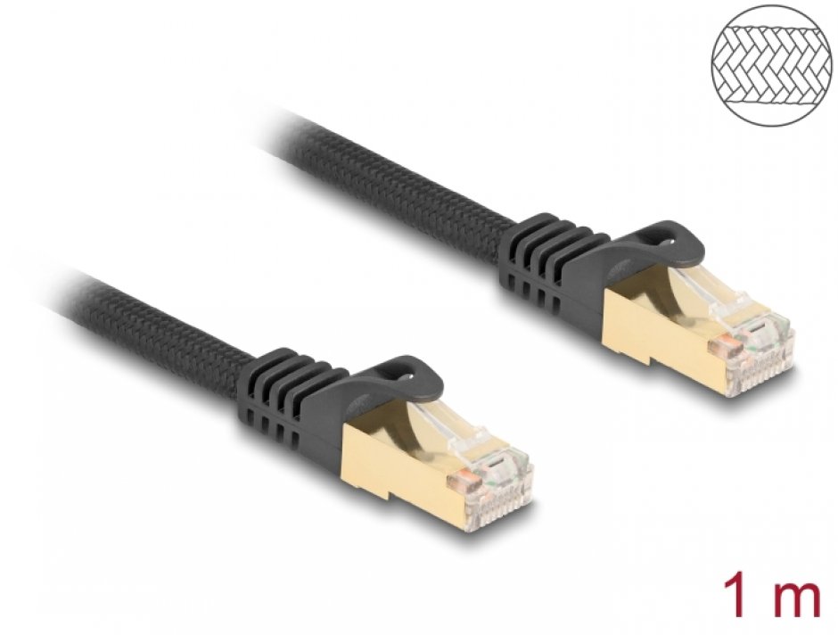 Cablu RJ45 Cat.6A S/FTP 1m Delock Brodat Negru