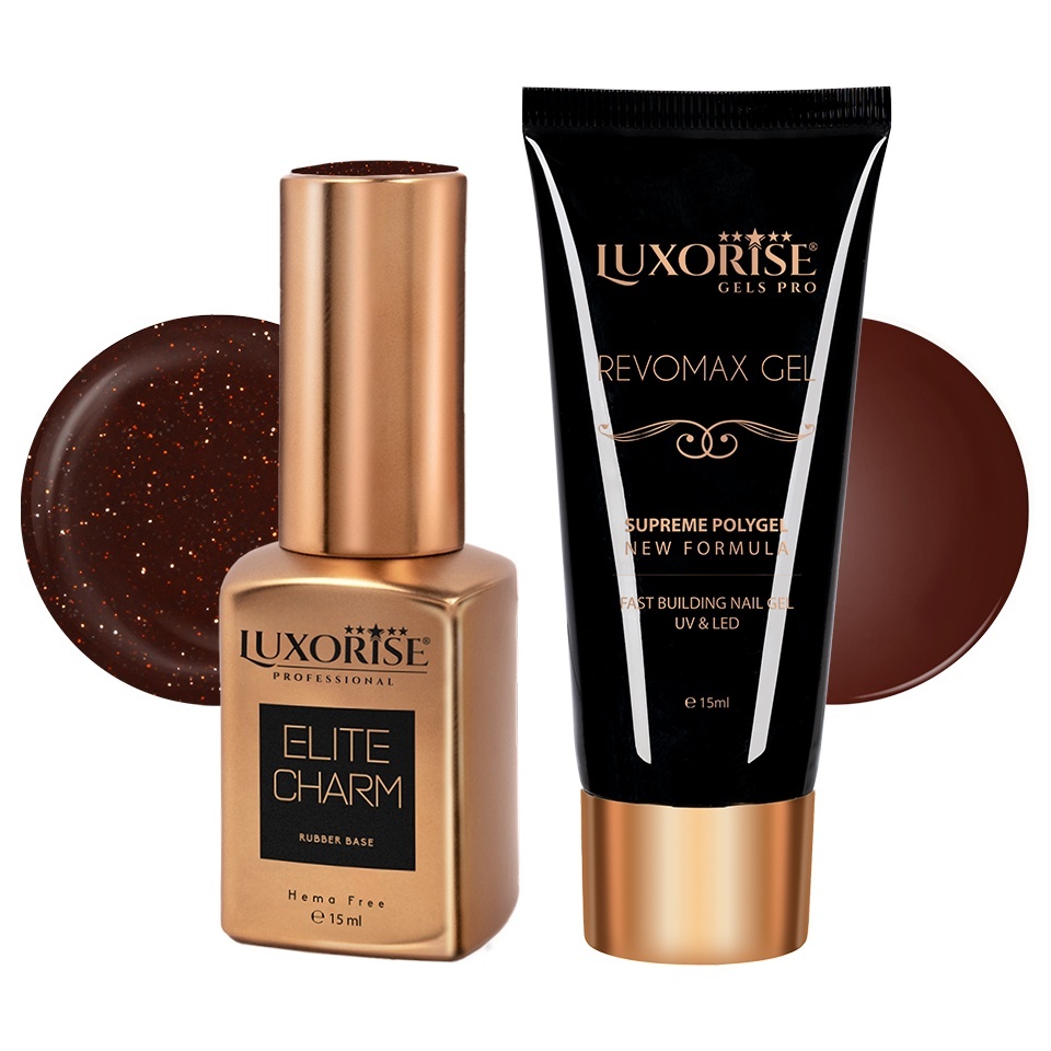 Set Polygel și Rubber Base Caramel Wine LUXORISE, 2x15ml