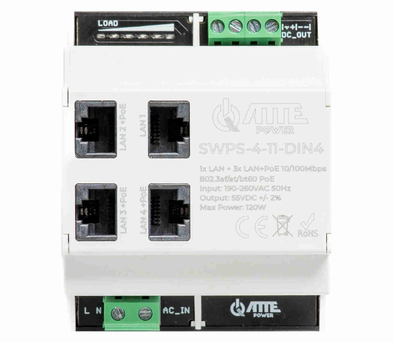 Switch PoE Atte Power SWPS-4-11-DIN4, 4 porturi RJ45, 3xPoE, 1x uplink, 120W, montare sina TH35