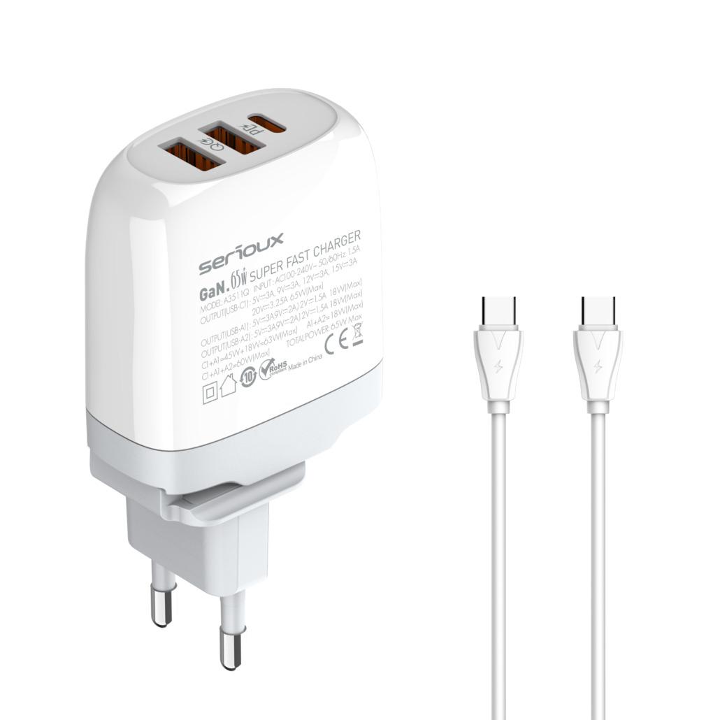 Încărcător Serioux 65W GaN QC - 3 Porturi, Compact și Rapid - imagine 2