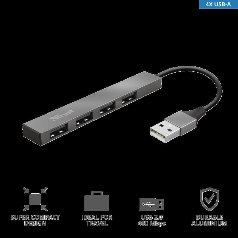 Hub USB Trust Halyx 4 Porturi Argintiu - Aluminiu Compact - imagine 3