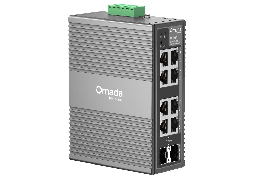 Switch industrial Gigabit pentru medii industriale Tp-Link Omada, IES208G, 8 porturi, 6xRJ45, 2xRJ45/SFP combo, management cloud, IP40, alimentare redundanta