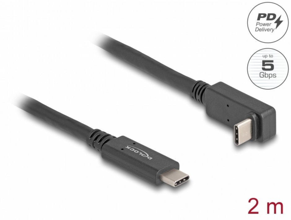 Cablu USB-C Delock 2m, 4K 60Hz, 60W, Unghi Drept