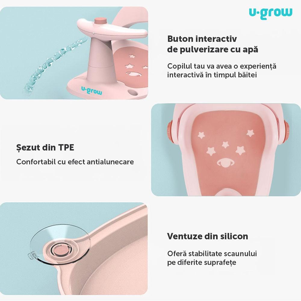 Scaun Baie Bebe U-GROW cu Ghidon și Spătar Reglabil Roz Pal - imagine 7