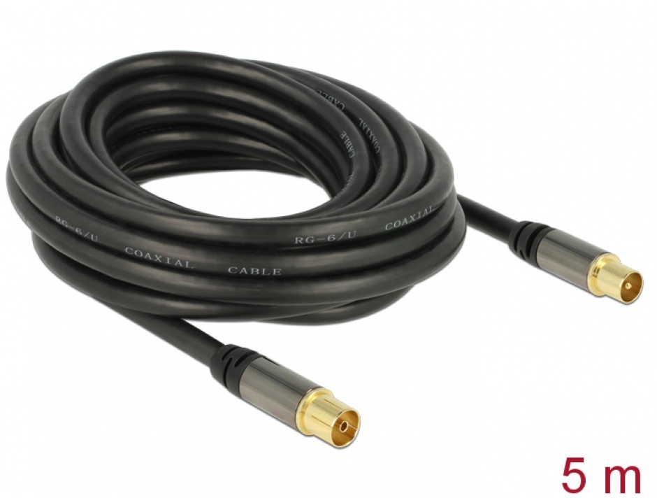 Cablu Prelungitor Antena Delock 5m, RG-6/U, Conectori Auriti