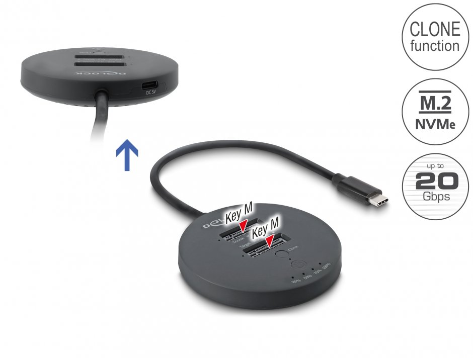 Docking Delock 64364 pentru 2x M.2 NVMe, USB 20 Gbps, Clonare