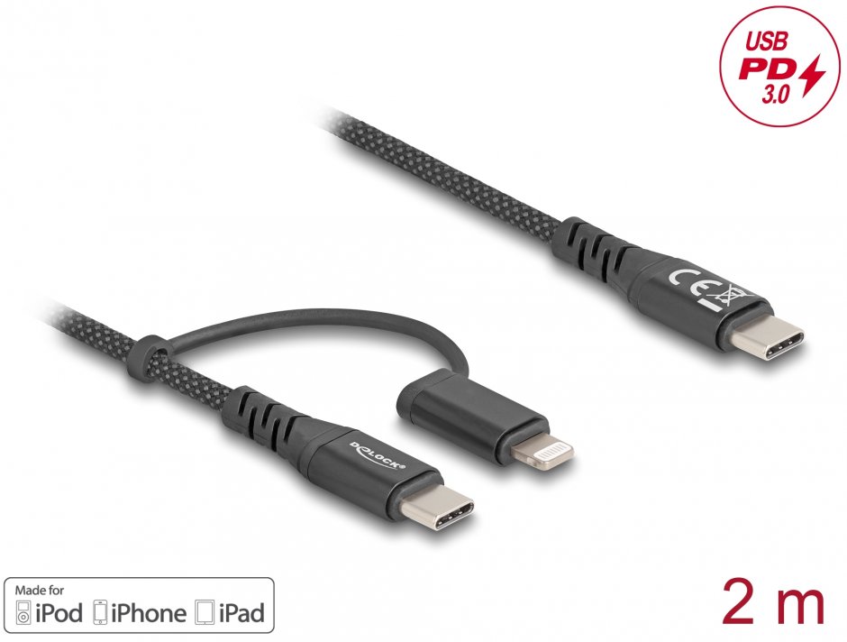 Cablu 2in1 Delock USB-C/Lightning 2m MFi