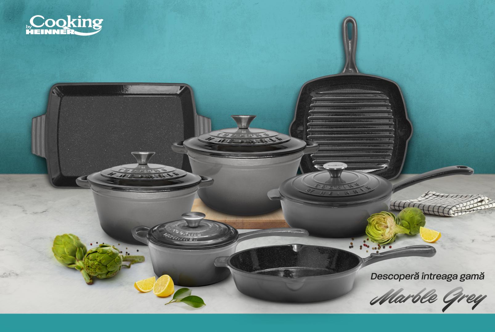 Tigaie Grill Fontă Emailată Heinner 26.5 cm - Marble Grey - imagine 6