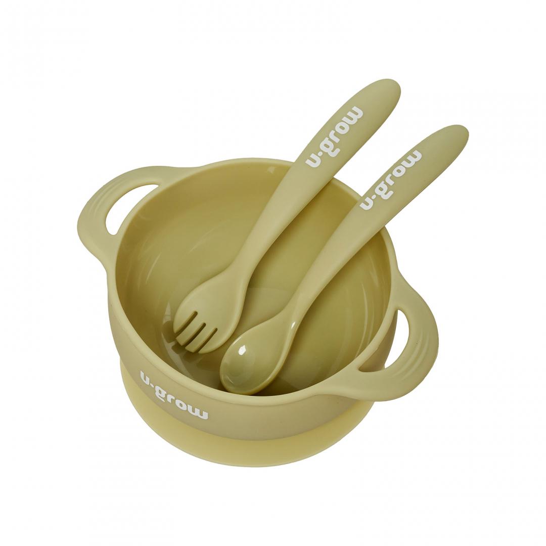 Set Bol Silicon U-GROW Olive cu Linguriță și Furculiță Bebeluși - imagine 2