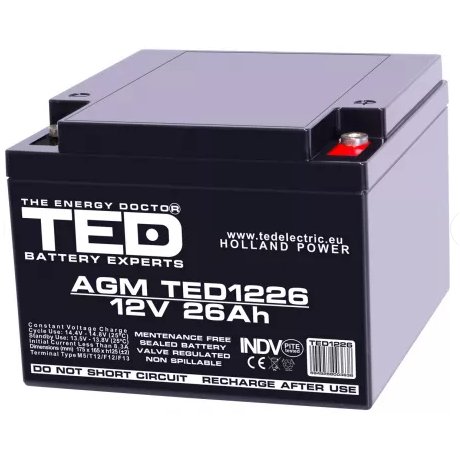 Acumulator TED Electric 12V 26Ah AGM TED1226, terminal M5