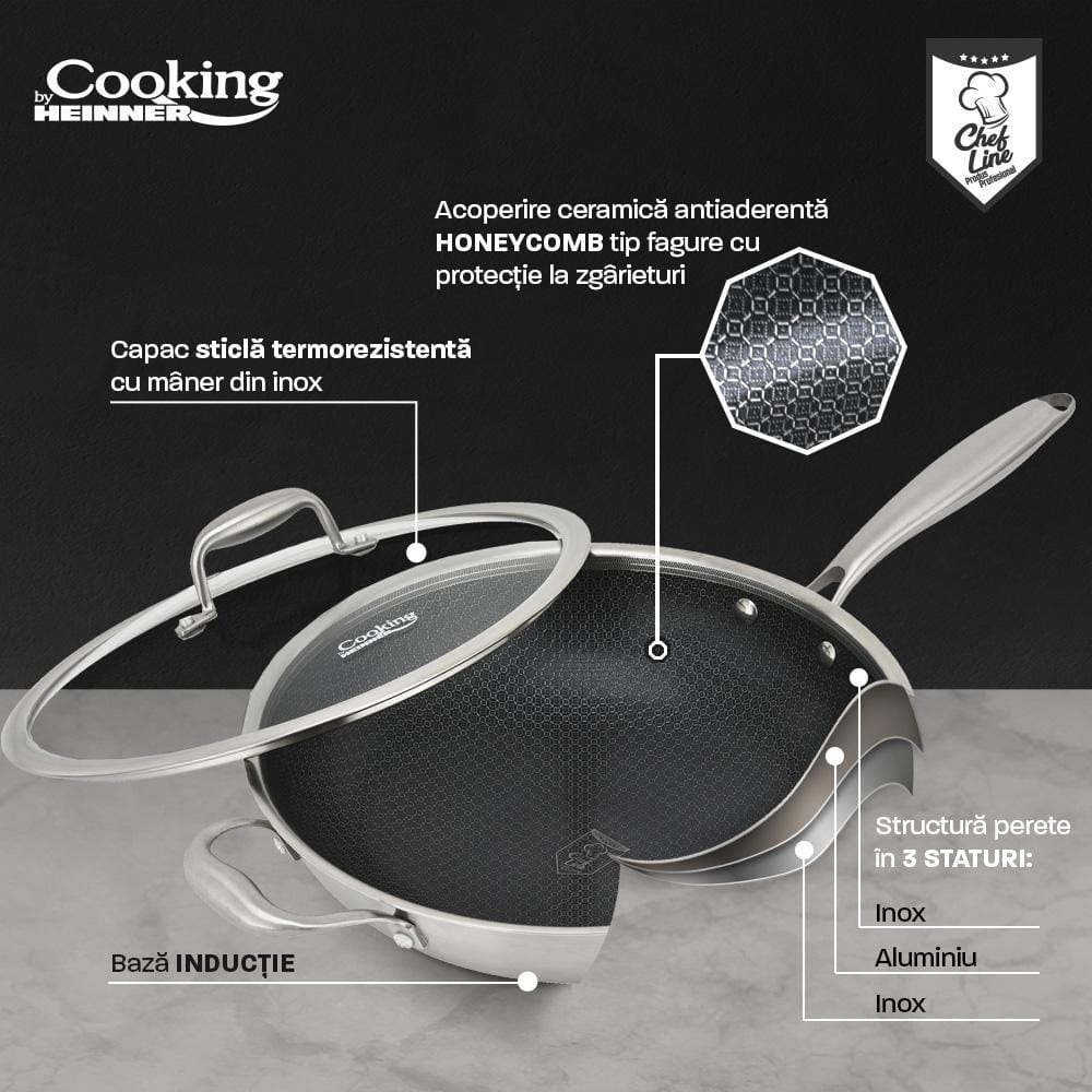 Tigaie Wok Heinner Titanium3 30cm Inox cu Capac - 4.5L - imagine 13