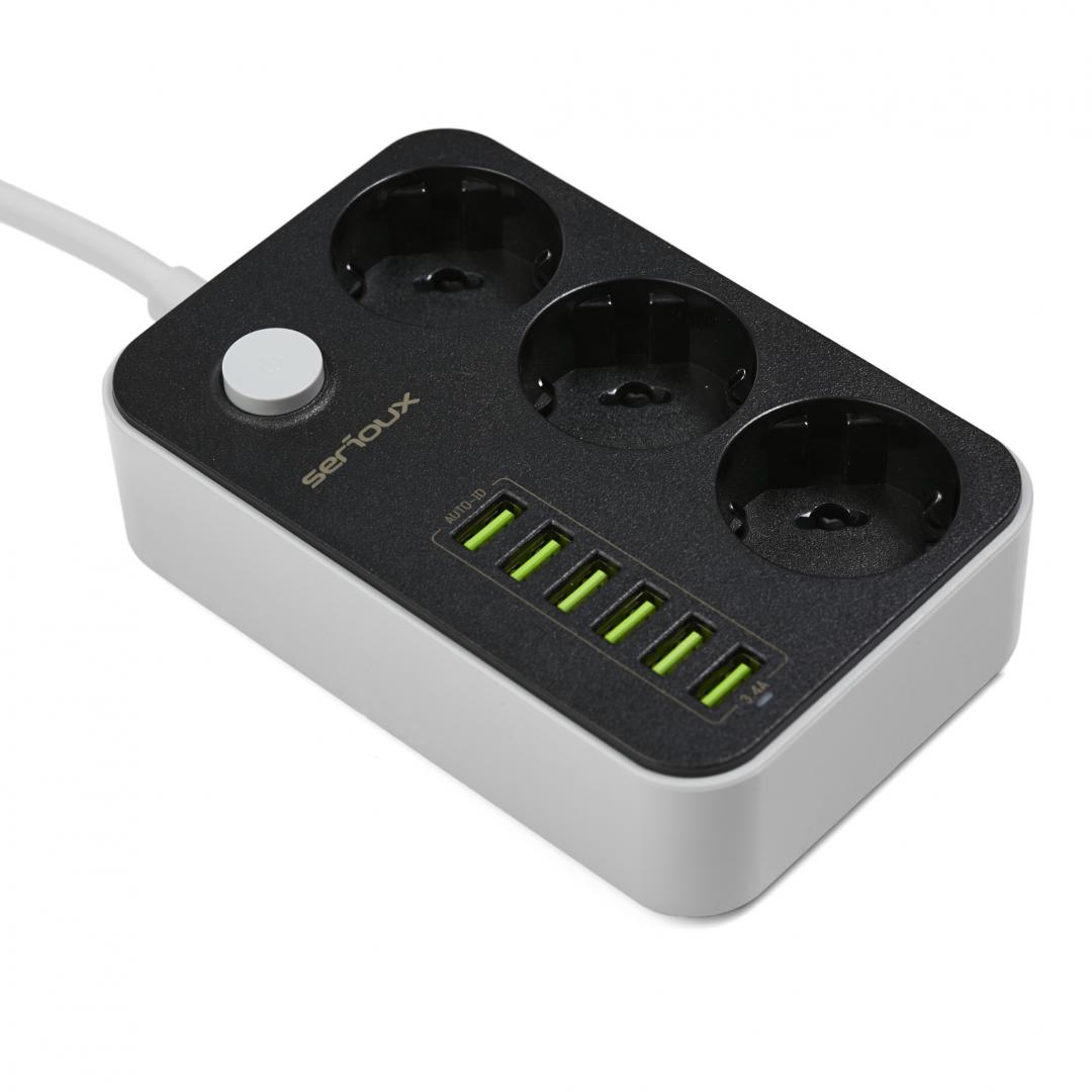 Prelungitor SERIOUX 3 Prize Schuko si 6 USB, 2500W, Negru