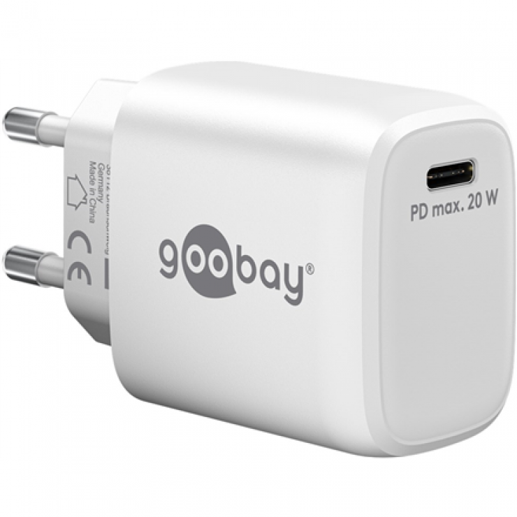 Încărcător Goobay 20W USB-C PD GaN alb, 50% în 30 min