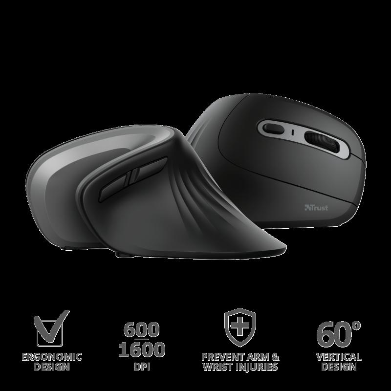 Mouse Trust Verro Ergonomic Wireless Negru - Protejează Încheietura - imagine 1