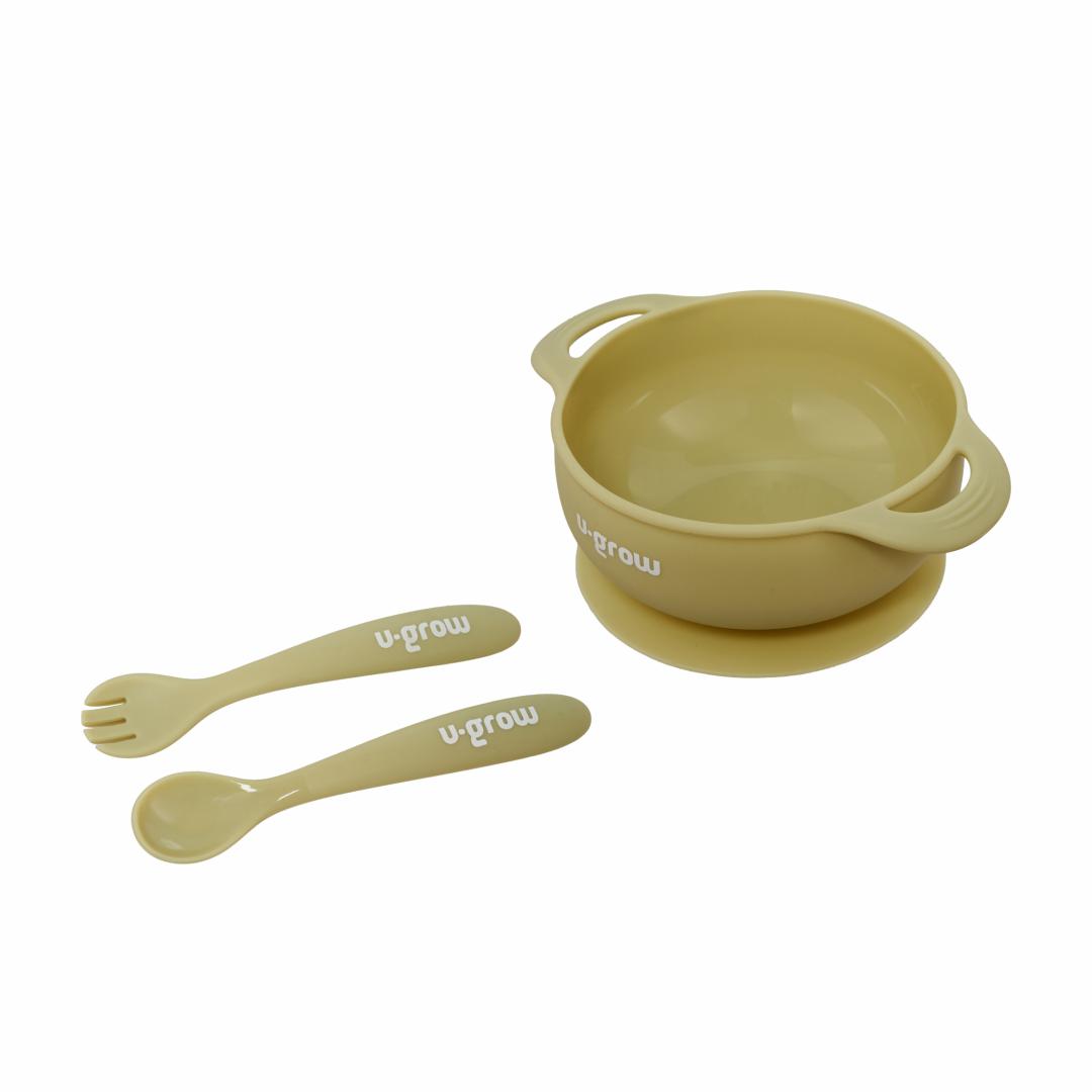 Set Bol Silicon U-GROW Olive cu Linguriță și Furculiță Bebeluși