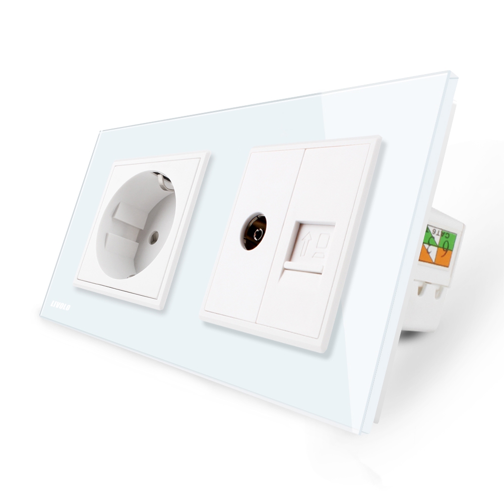 Priza Schuko și TV/Internet Livolo cu Rama Sticlă