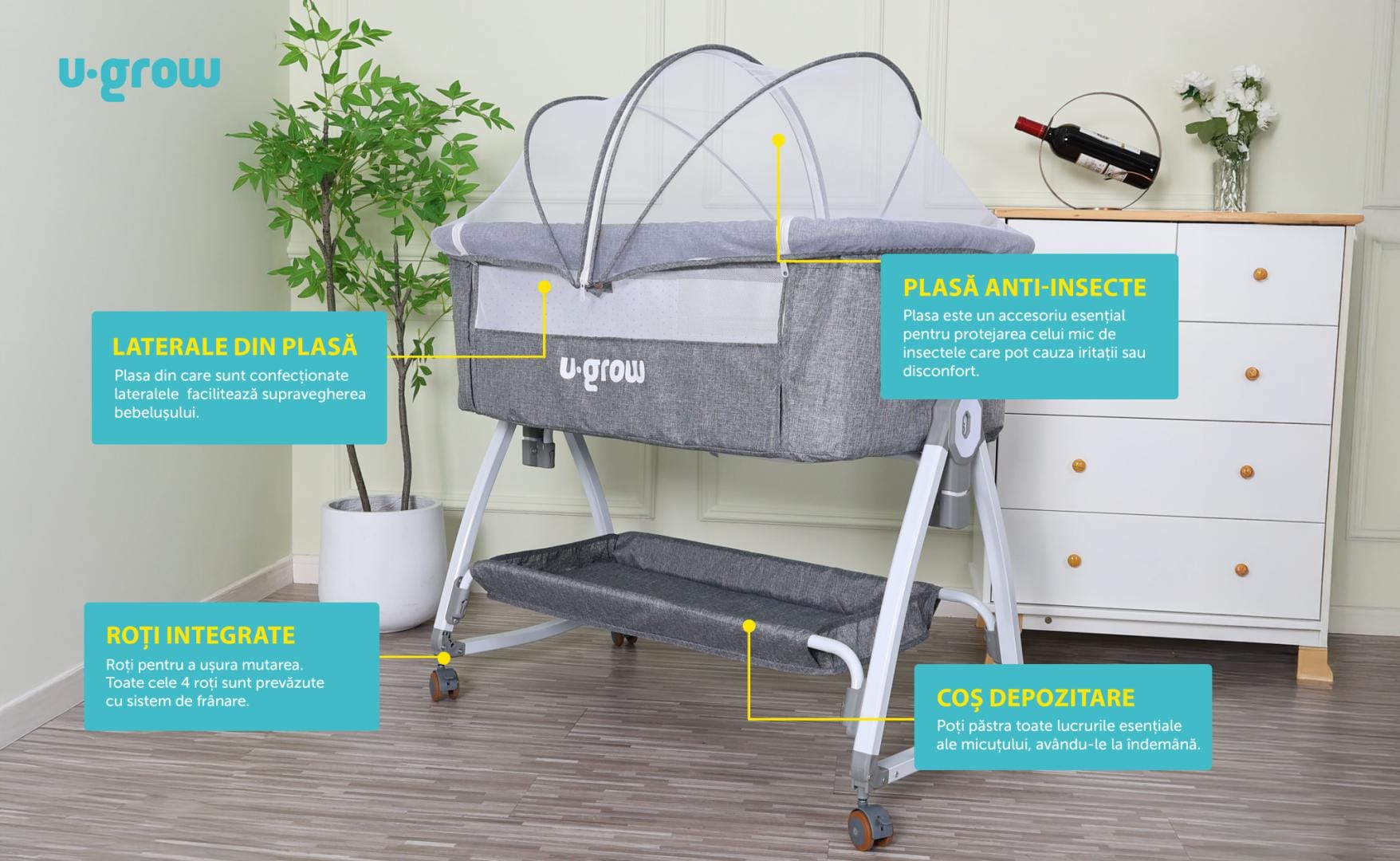 Patut Co-Sleeper 2 in 1 cu Leagan U-Grow | 0-8 Luni - imagine 6