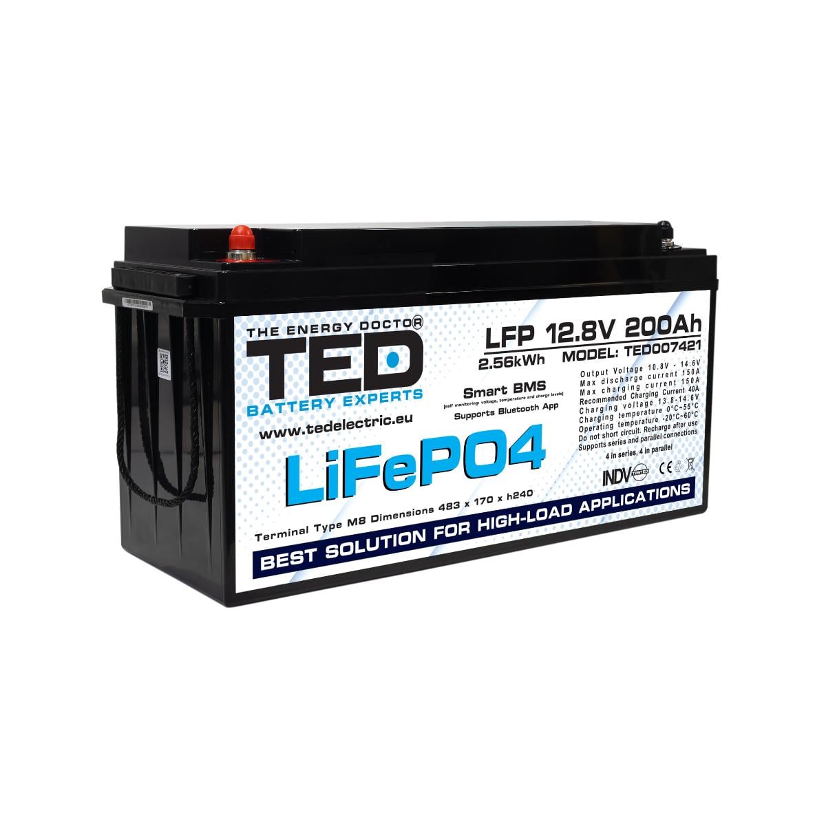 Baterie LiFePO4 12V 200Ah, cu BMS si Bluetooth, 6000 cicluri, incarcare rapida, pentru sisteme solare, back-up si rulote, TED007421