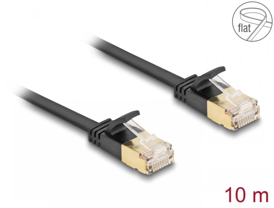 Cablu Delock RJ45 Flat 10m, Gigabit, Negru