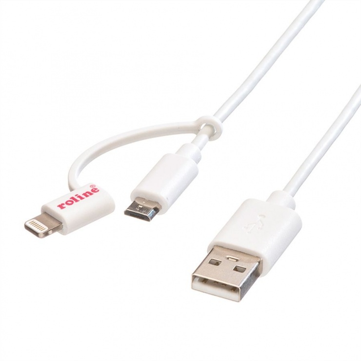 Cablu USB 2M1 + Lightning MFI Roline 1m Alb