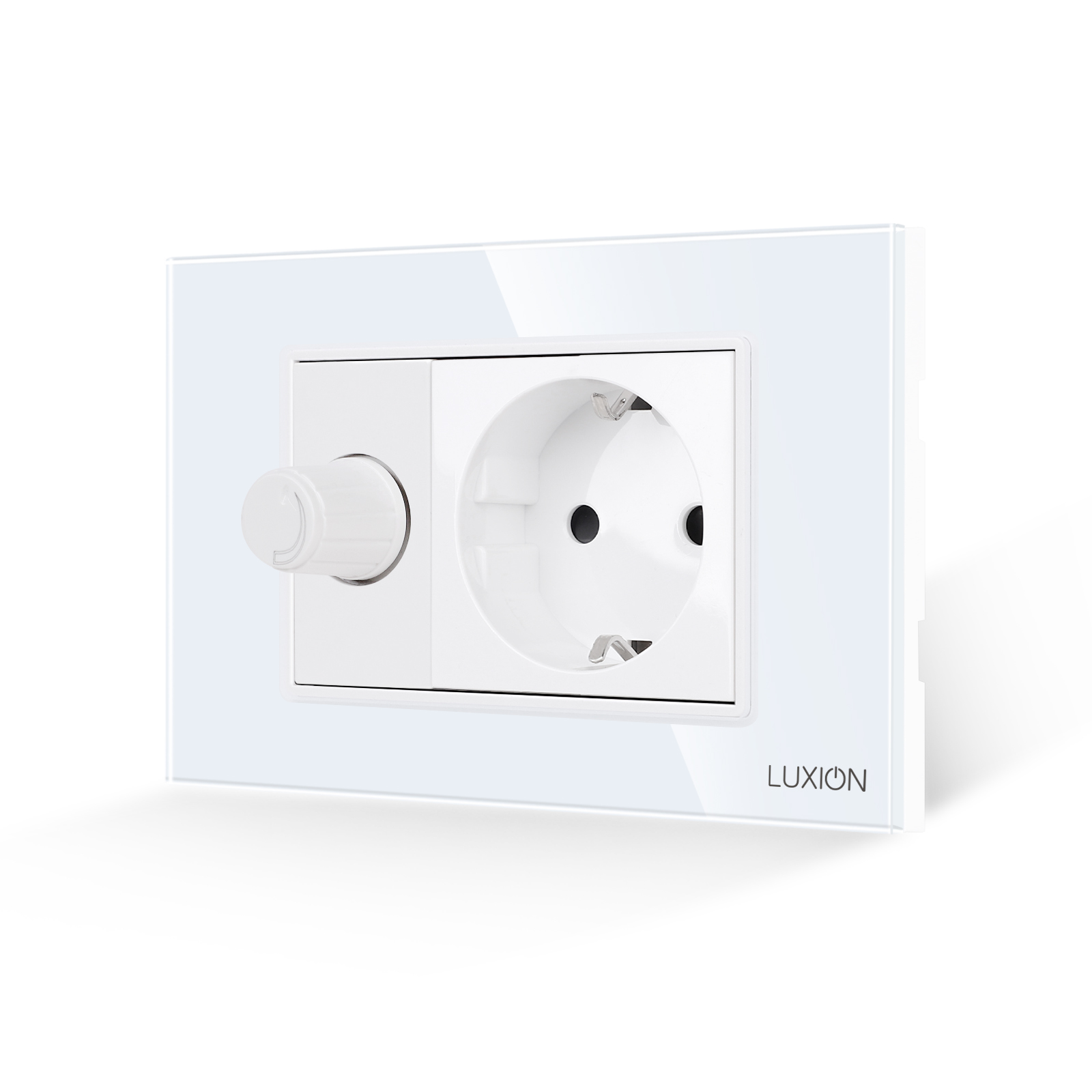 Întrerupător cu Variator + Priză LUXION, Rama Sticlă, IP44