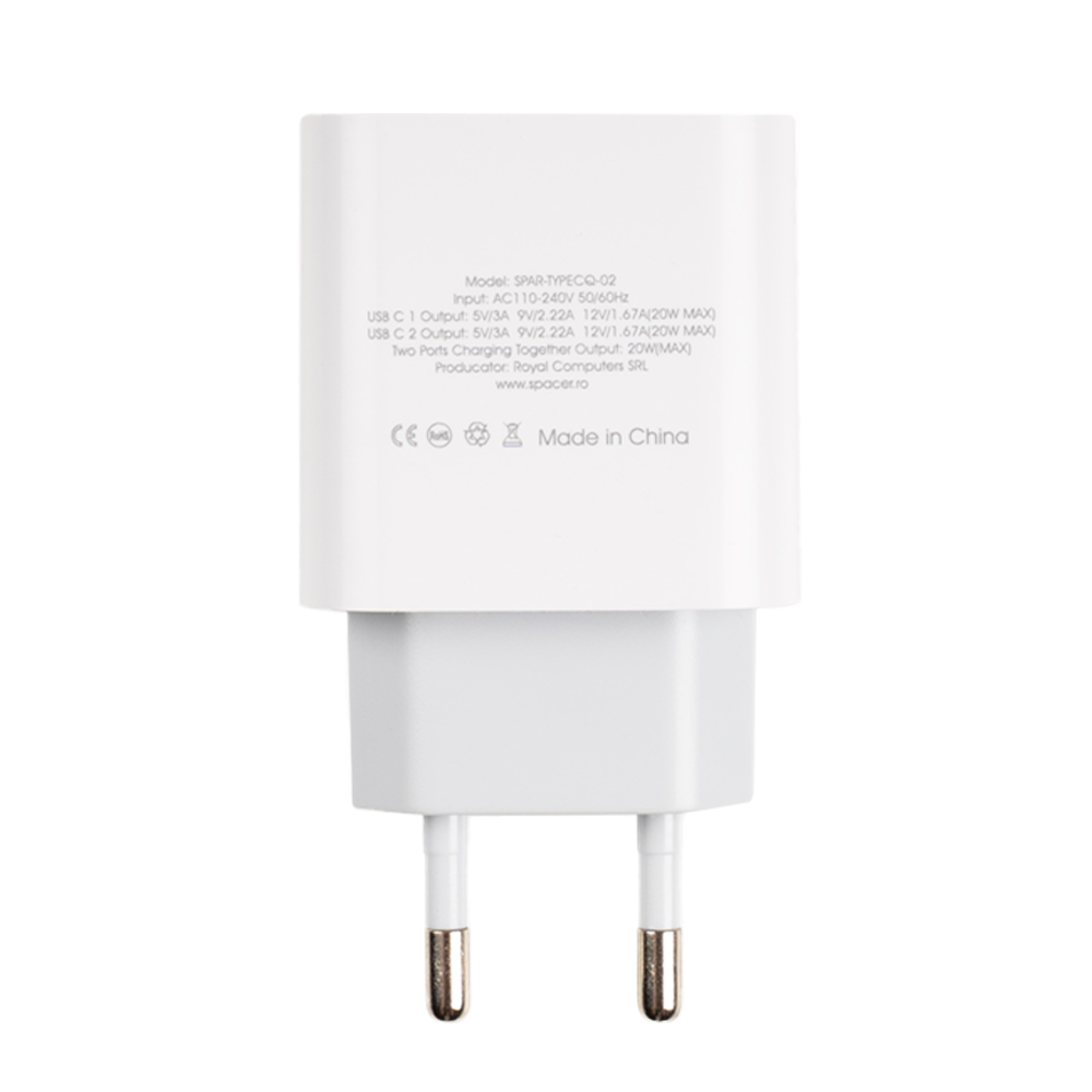Alimentator SPACER 2x USB-C PD 20W - Încărcare Rapidă Duală - imagine 4