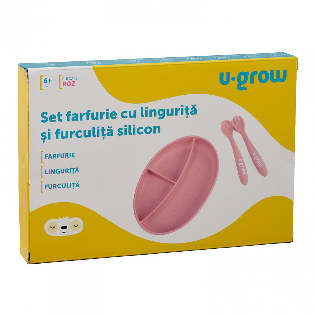 Set Farfurie Silicon Roz U-Grow cu Linguriță și Furculiță - imagine 3