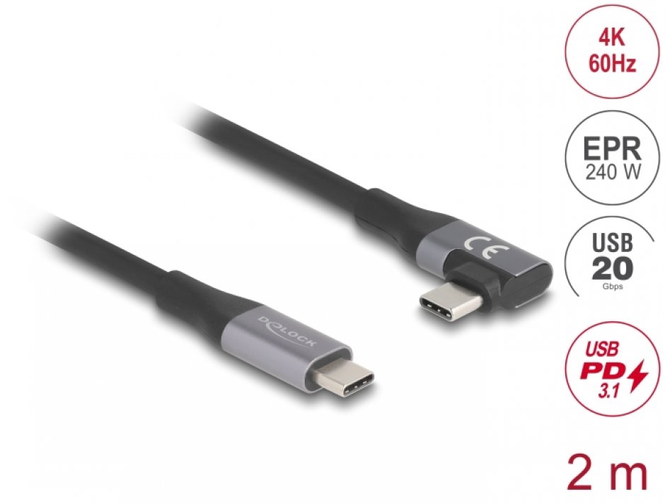Cablu USB-C Delock 2m, 20Gbps, 240W, 4K60Hz