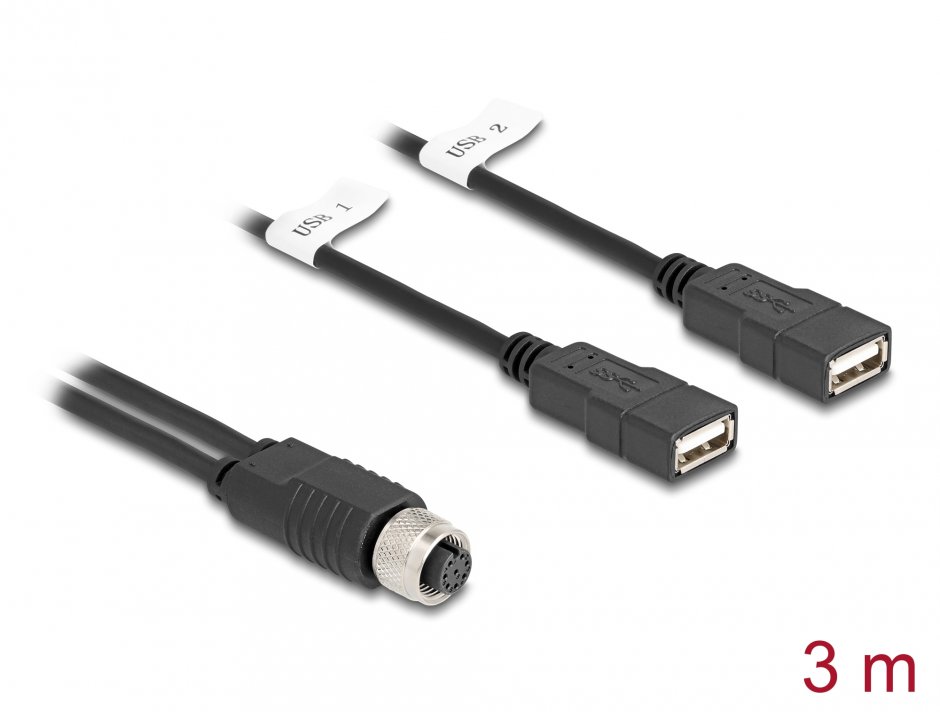 Cablu M12 la USB 2.0 3m, Delock 60651, IP67