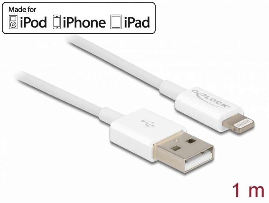 Cablu Lightning MFI Delock 1m, Incarcare Rapida 3A