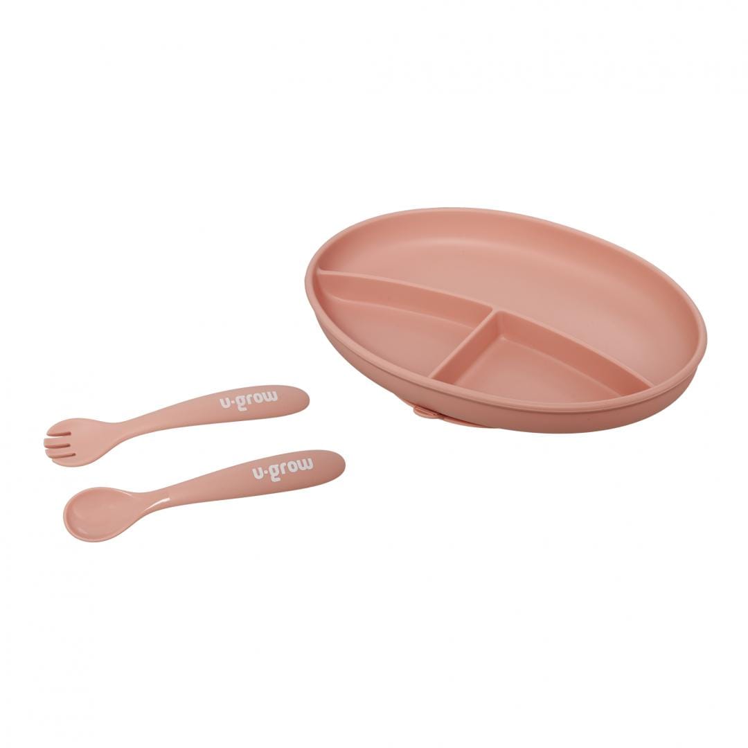 Set Farfurie Silicon Roz U-Grow cu Linguriță și Furculiță - imagine 4