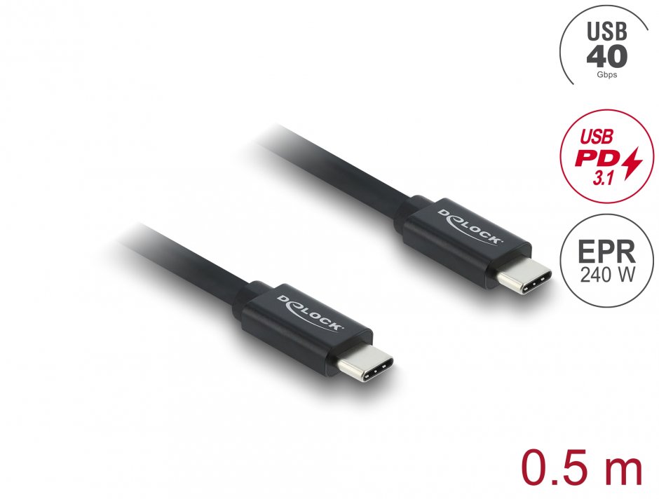 Cablu USB-C Delock 40Gbps 240W 8K, 0.5m