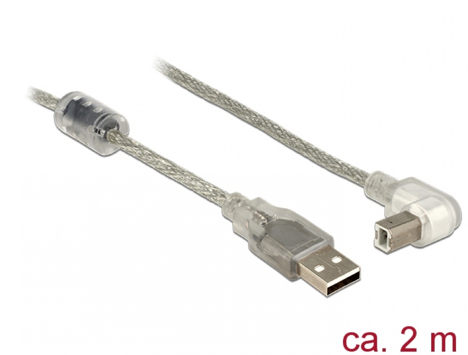 Cablu USB 2.0 A-B T-T Unghi 2m Transparent Delock