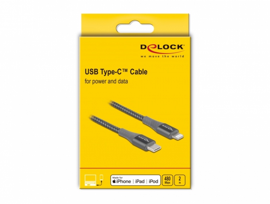Cablu Delock USB-C la Lightning MFi 2m Gri