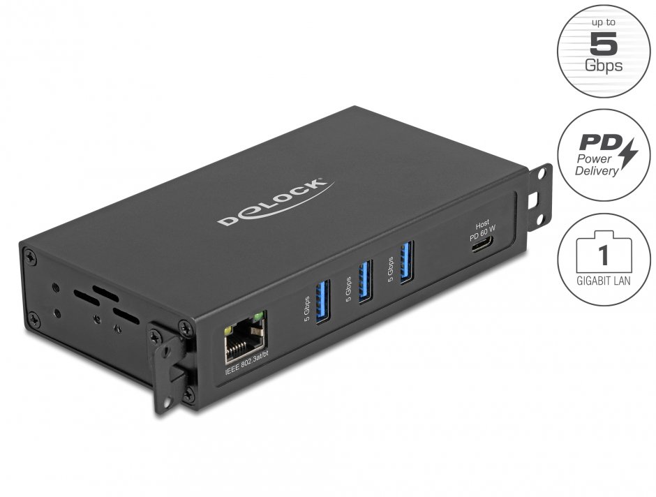 HUB carcasa metalica 3 x USB 5 Gbps + RJ45 Gigabit LAN PoE++ si 1.5 kV Isolation, Delock 64336